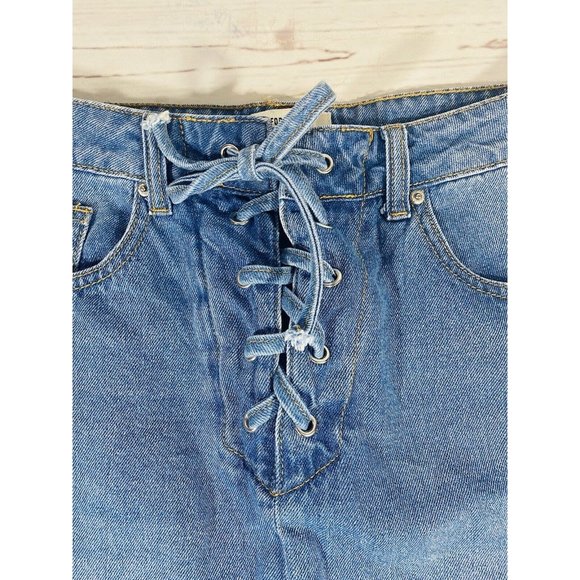 Forever21 Jean Skirt Size Medium Lace Up Tie Front Denim Festival Blue Cotton - Picture 3 of 7